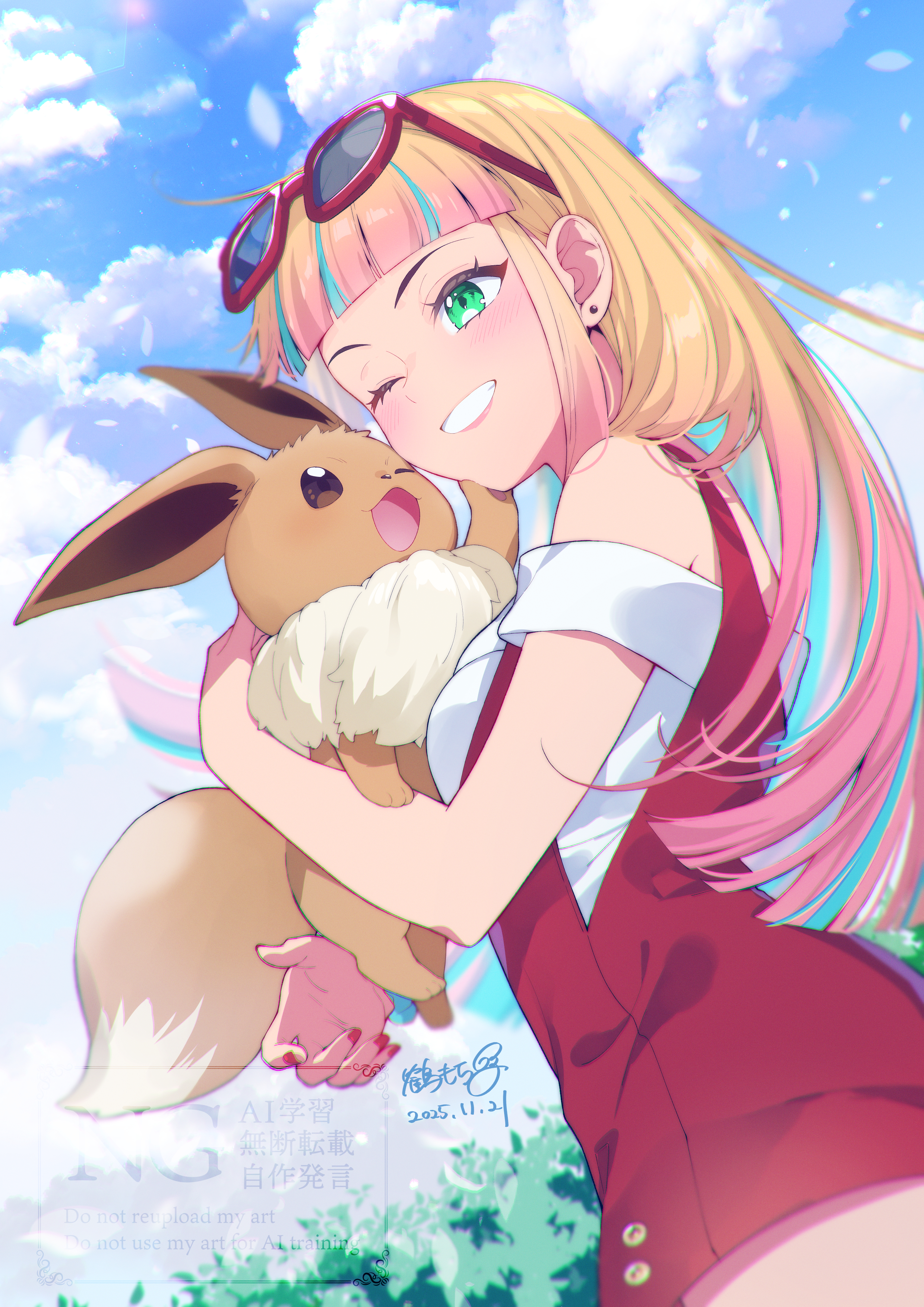 mochiko tsuru, eevee, risa (pokemon), nintendo, pokemon, pokemon (anime), pokemon the movie: the power of us, absurdres, commentary request, highres, 1girl, blonde hair, blunt bangs, cloud, dated, day, earrings, eyelashes, gen 1 pokemon, green eyes, grin, happy, holding, holding pokemon, jewelry, long hair, off shoulder, one eye closed, outdoors, overalls, pokemon (creature), red overalls, shirt, signature, sky, smile, teeth, watermark, white shirt