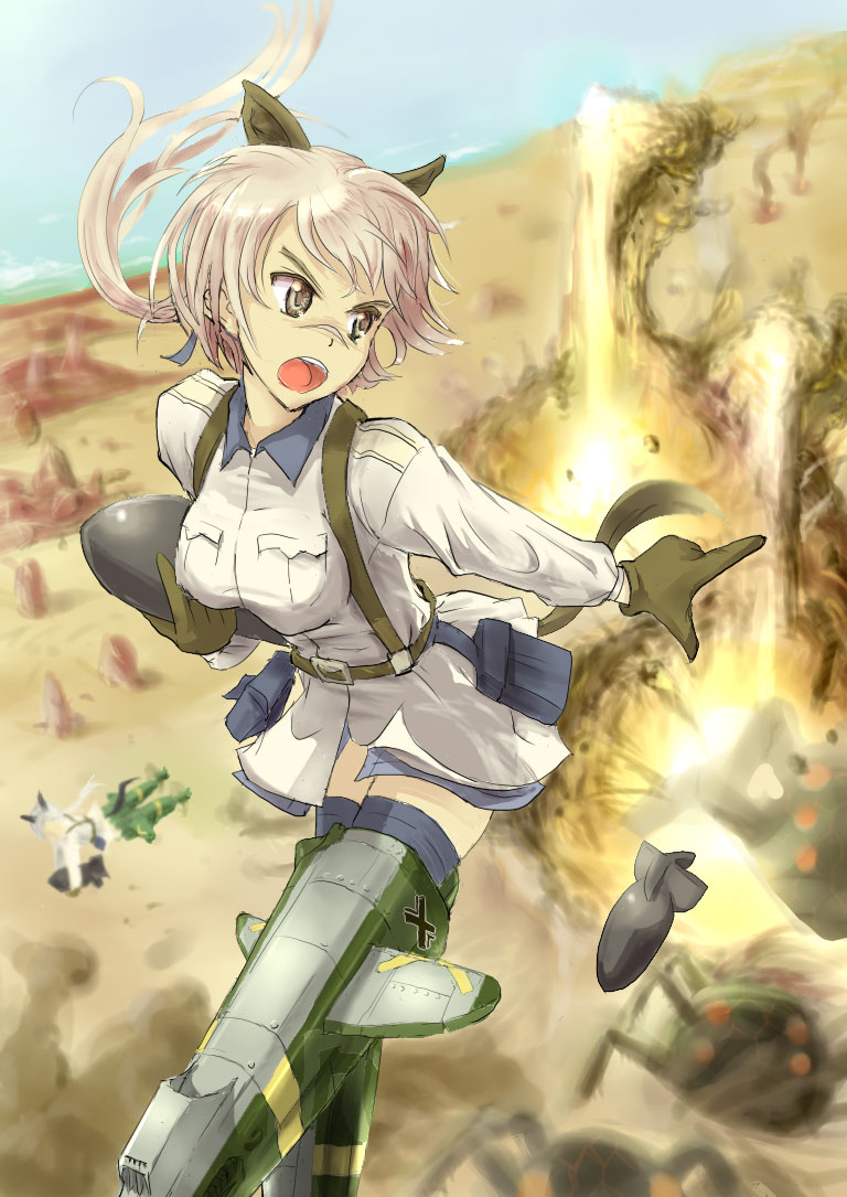 puuakachan, hanna rudel, strike witches, strike witches: suomus misfits squadron, world witches series, bad id, bad pixiv id, 00s, 1girl, animal ears, blonde hair, bomb, explosion, explosive, female focus, ponytail, scar, solo, striker unit, tail