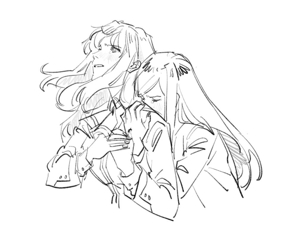 guri gom, fujino shizuru, kuga natsuki, my-hime, commentary request, korean commentary, 2girls, closed eyes, fuuka academy school uniform, greyscale, hand on another's shoulder, hug, hug from behind, long hair, monochrome, multiple girls, parted lips, school uniform, tears, upper body