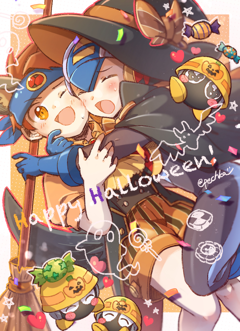 pechka, lan hikari (mega man), megaman.exe, met (mega man), mega man (series), mega man battle network (series), commentary request, 2boys, animal ears, ascot, black bodysuit, blue gloves, blue headband, blush, bodysuit, bow, broom, brown eyes, brown hair, candy, cheek-to-cheek, confetti, dog ears, extra ears, food, gloves, happy halloween, hat, hat bow, headband, heads together, male focus, multiple boys, open mouth, shorts, striped clothes, striped shorts, witch hat, wrapped candy