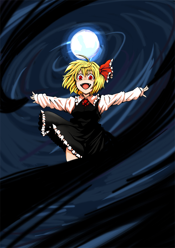 tsuttsu, rumia, embodiment of scarlet devil, touhou, bad id, bad pixiv id, 1girl, blonde hair, darkness, fangs, female focus, hair ribbon, outstretched arms, red eyes, ribbon, short hair, solo, spread arms