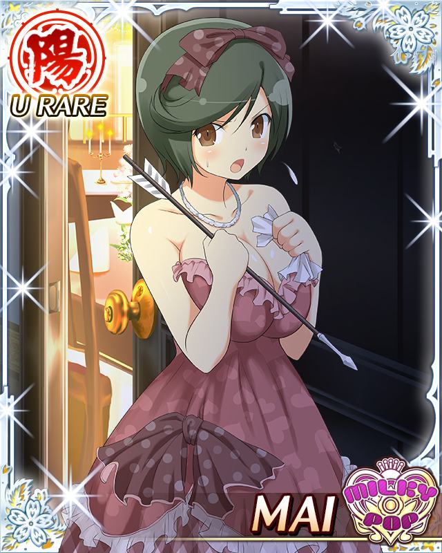 mai (senran kagura), senran kagura, senran kagura new wave, game cg, official art, 1girl, :o, angry, arrow (projectile), black hair, border, bow, breasts, brown eyes, candlestand, card (medium), character name, crushing, dress, english text, hair bow, heart, heart print, holding, holding arrow, jewelry, large breasts, looking at viewer, necklace, official alternate costume, red bow, red dress, short hair, solo, sweat, swept bangs