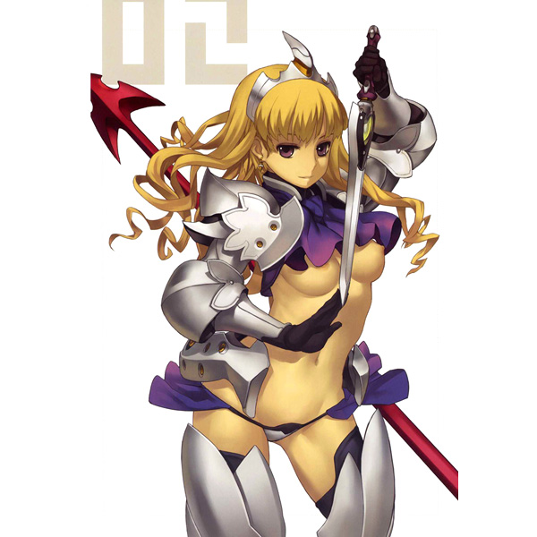 nagi ryou, s.e.c 03 armored skin, 1girl, armor, black thighhighs, blonde hair, breasts, couter, cowboy shot, curly hair, female focus, gloves, hair ornament, holding, holding sword, holding weapon, leg armor, long hair, lowleg, lowleg panties, midriff, navel, nipples, no bra, panties, pauldrons, purple eyes, shoulder armor, simple background, smile, solo, sword, thighhighs, thong, underwear, weapon, white background
