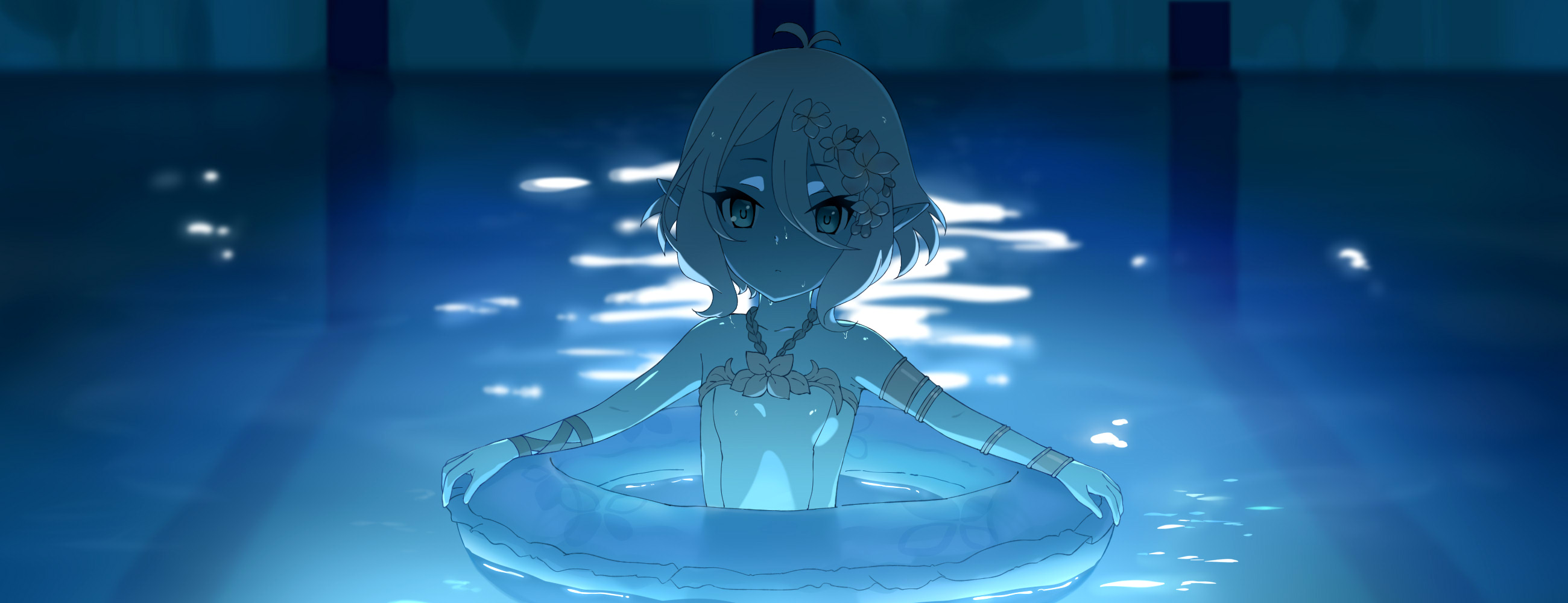 shoujo donburi, kokkoro (princess connect!), kokkoro (real) (princess connect!), chainsaw man, princess connect!, bilingual commentary, chinese commentary, commentary, english commentary, highres, mixed-language commentary, 1girl, armlet, bare shoulders, flower, hair between eyes, hair flower, hair ornament, i'll teach you everything (chainsaw man), innertube, jewelry, looking at viewer, pointy ears, pool, short hair, solo, swim ring, swimsuit