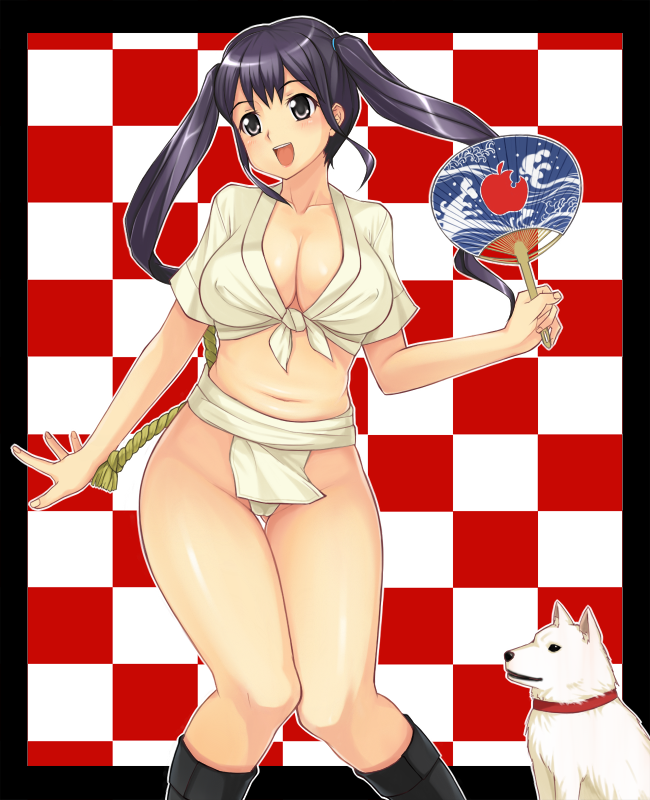 yokaze japan, original, character request, source request, 1girl, black eyes, black hair, breasts, cameltoe, cleavage, covered erect nipples, curvy, dog, female focus, fundoshi, hand fan, hip focus, japanese clothes, large breasts, long hair, midriff, mizu happi, navel, nipples, open mouth, solo, teeth, twintails