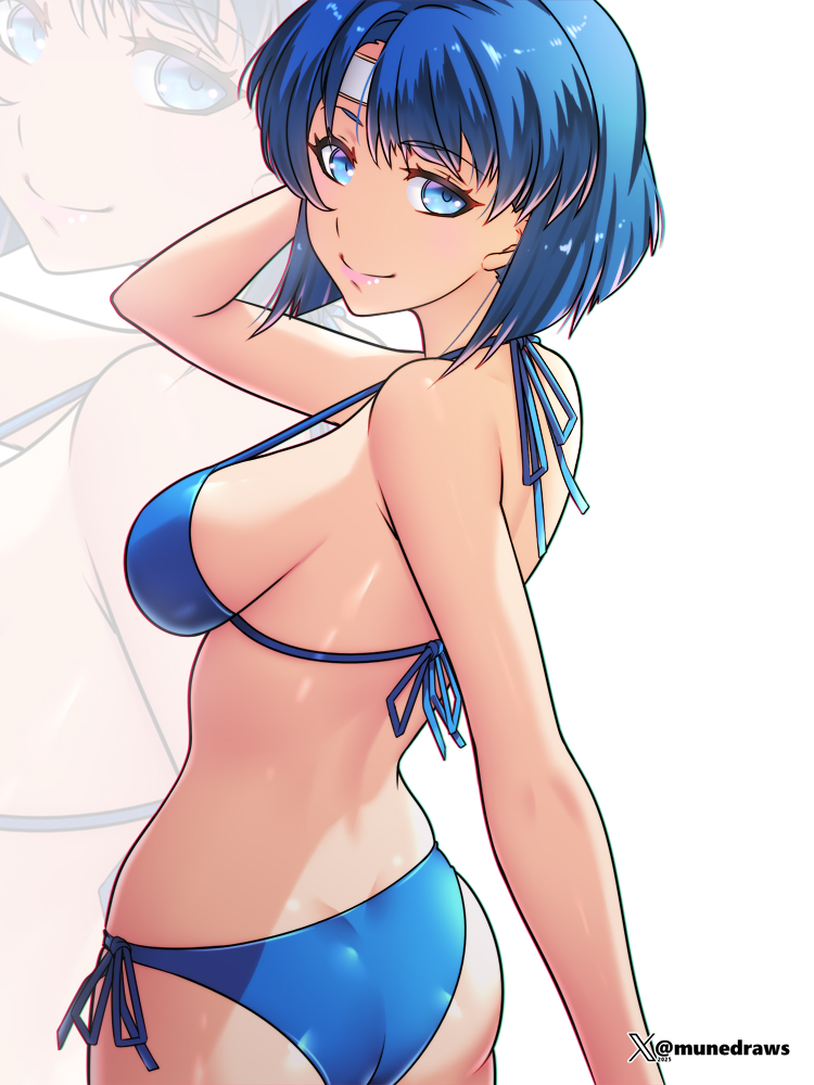 etchimune, catria (fire emblem), fire emblem, fire emblem: shadow dragon, fire emblem echoes: shadows of valentia, fire emblem heroes, nintendo, commentary, english commentary, 1girl, ass, bikini, blue bikini, blue eyes, blue hair, bob cut, breasts, from behind, headband, looking back, medium breasts, parted bangs, pink lips, sideboob, smile, string, swimsuit, twitter username, watermark
