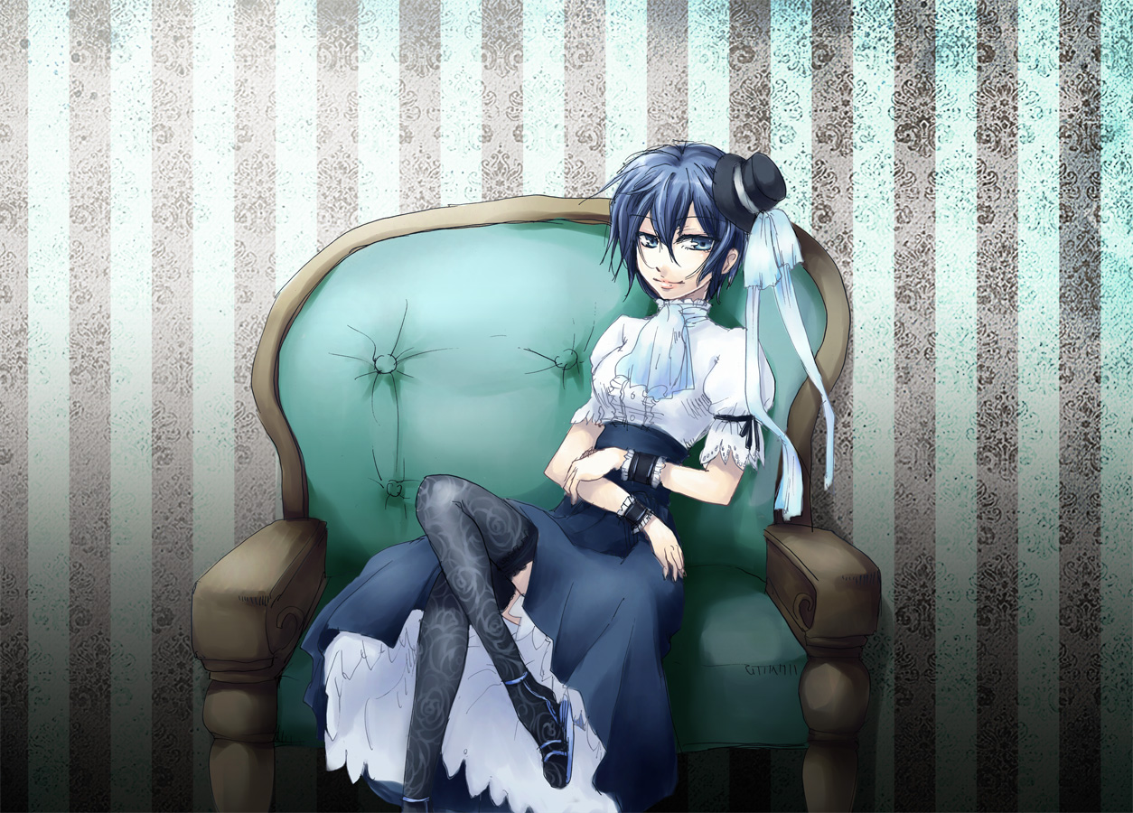 harald, negi hei, shirogane naoto, atlus, persona, persona 4, 1girl, blue eyes, blue hair, female focus, gothic lolita, hat, lolita fashion, matching hair/eyes, solo, thighhighs