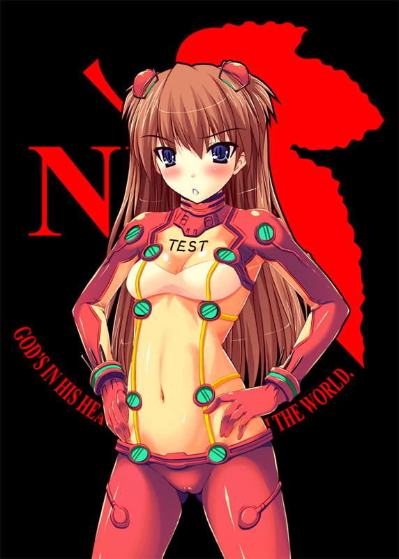 yuki usagi, souryuu asuka langley, evangelion: 2.0 you can (not) advance, neon genesis evangelion, rebuild of evangelion, bad id, bad pixiv id, 00s, 1girl, blush, bodysuit, breasts, brown hair, cleavage, female focus, hair ornament, hairclip, hands on own hips, long hair, mecha pilot suit, midriff, nerv, plugsuit (evangelion), see-through cleavage, see-through clothes, solo, test plugsuit (evangelion)