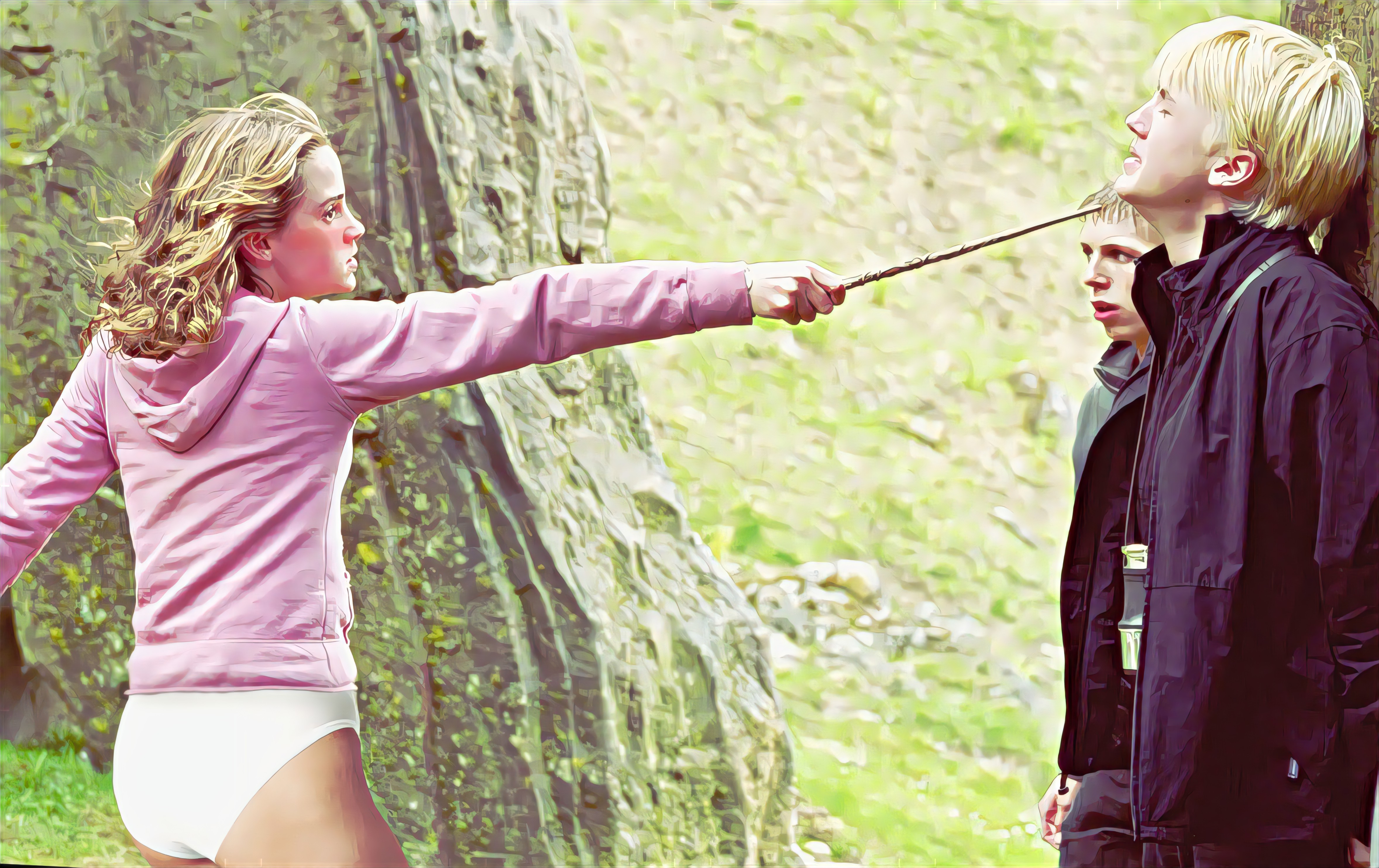 kyle phalanx, draco malfoy, hermione granger, harry potter (series), wizarding world, blush, embarrassed, no pants, panties, underwear, wand, white panties