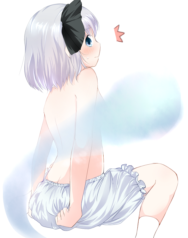 yatomi, konpaku youmu, konpaku youmu (ghost), touhou, silver hair, bad id, bad pixiv id, 1girl, bloomers, blue eyes, blush, censored, convenient censoring, female focus, flat chest, hitodama, solo, topless female, underwear, underwear only, white bloomers