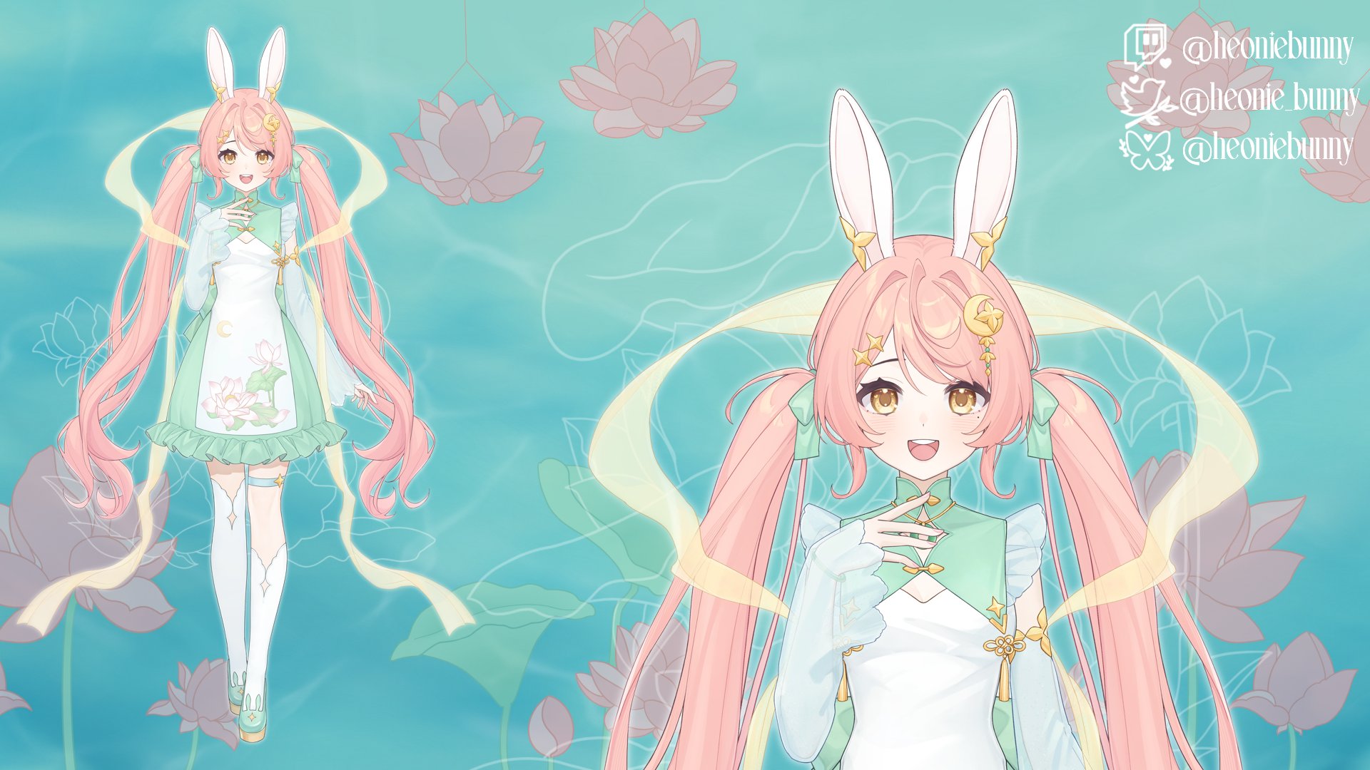 indie virtual youtuber, artist request, check artist, highres, 1girl, animal ears, ao dai, bow, bowtie, detached sleeves, flower, hair ornament, heonie bunny, lotus, open mouth, pink hair, rabbit ears, rabbit girl, reference sheet, shoes, smile, thighhighs, twintails, white thighhighs, yellow eyes