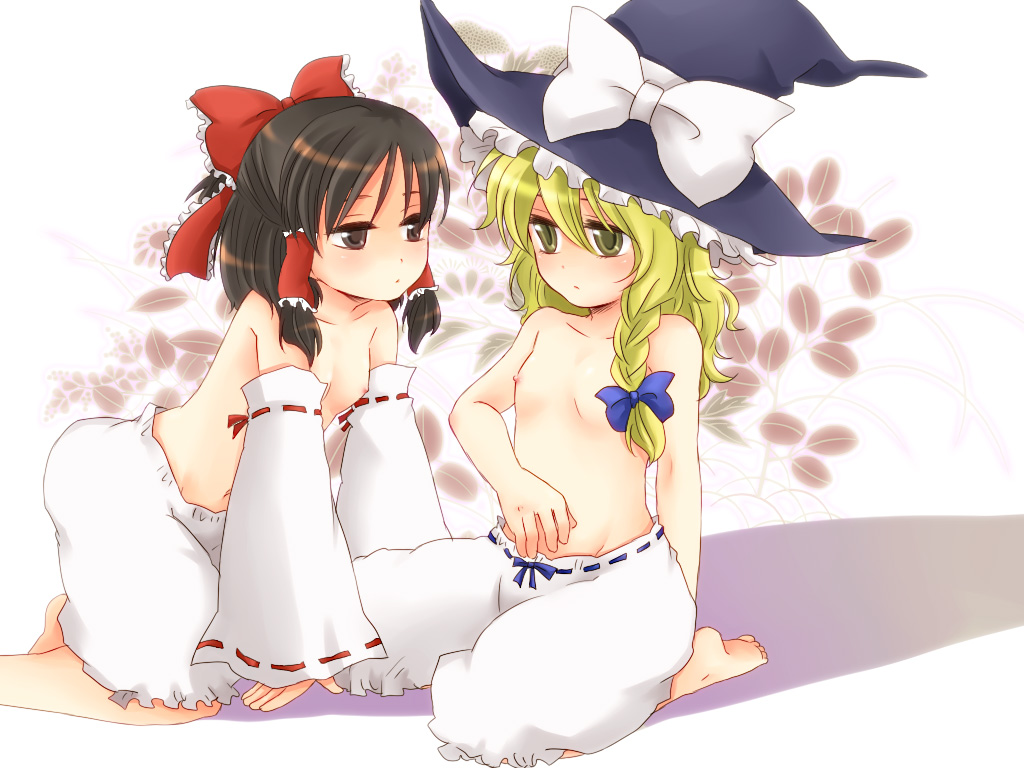 batako (artist), hakurei reimu, kirisame marisa, touhou, 2girls, barefoot, black hair, blonde hair, bloomers, bow, braid, detached sleeves, female focus, flat chest, hair bow, hat, multiple girls, short hair, underwear, witch hat, yellow eyes