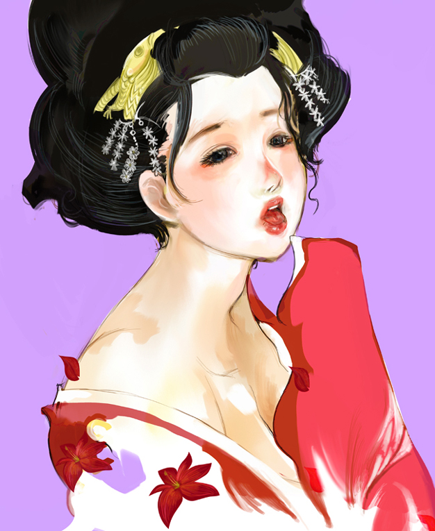 kazaana, original, black eyes, black hair, geisha, hair ribbon, japanese clothes, kimono, lips, lipstick, makeup, nihongami, oiran, ribbon, short hair, simple background, solo, tongue