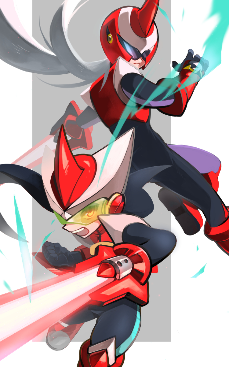 pechka, protoman.exe, mega man (series), mega man battle network (series), commentary request, highres, 2boys, black bodysuit, bodysuit, boots, brown eyes, clenched hand, energy sword, gloves, helmet, male focus, multiple boys, open mouth, proto soul, red helmet, sword, weapon