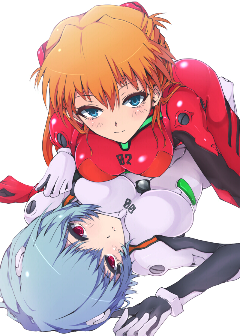 kasai shin, ayanami rei, souryuu asuka langley, neon genesis evangelion, 2girls, asymmetrical docking, blue eyes, blue hair, blush, bodysuit, bracer, breast press, breasts, girl on top, gloves, hair between eyes, hair ornament, light smile, long hair, lying, mecha pilot suit, multiple girls, on back, on stomach, parted lips, plugsuit (evangelion), red eyes, red hair, short hair, simple background, smile, twintails, white background