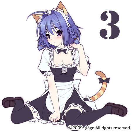 sayori (neko works), orihara ai, owari naki natsu towa naru shirabe, lowres, 1girl, ahoge, animal ears, apron, black thighhighs, blue hair, blush, bow, bowtie, braid, breasts, cat ears, cat tail, cleavage, detached collar, female focus, hair intakes, maid, maid apron, purple eyes, ribbon, short hair, simple background, sitting, solo, tail, tail ornament, tail ribbon, thighhighs, twin braids, white background, zettai ryouiki