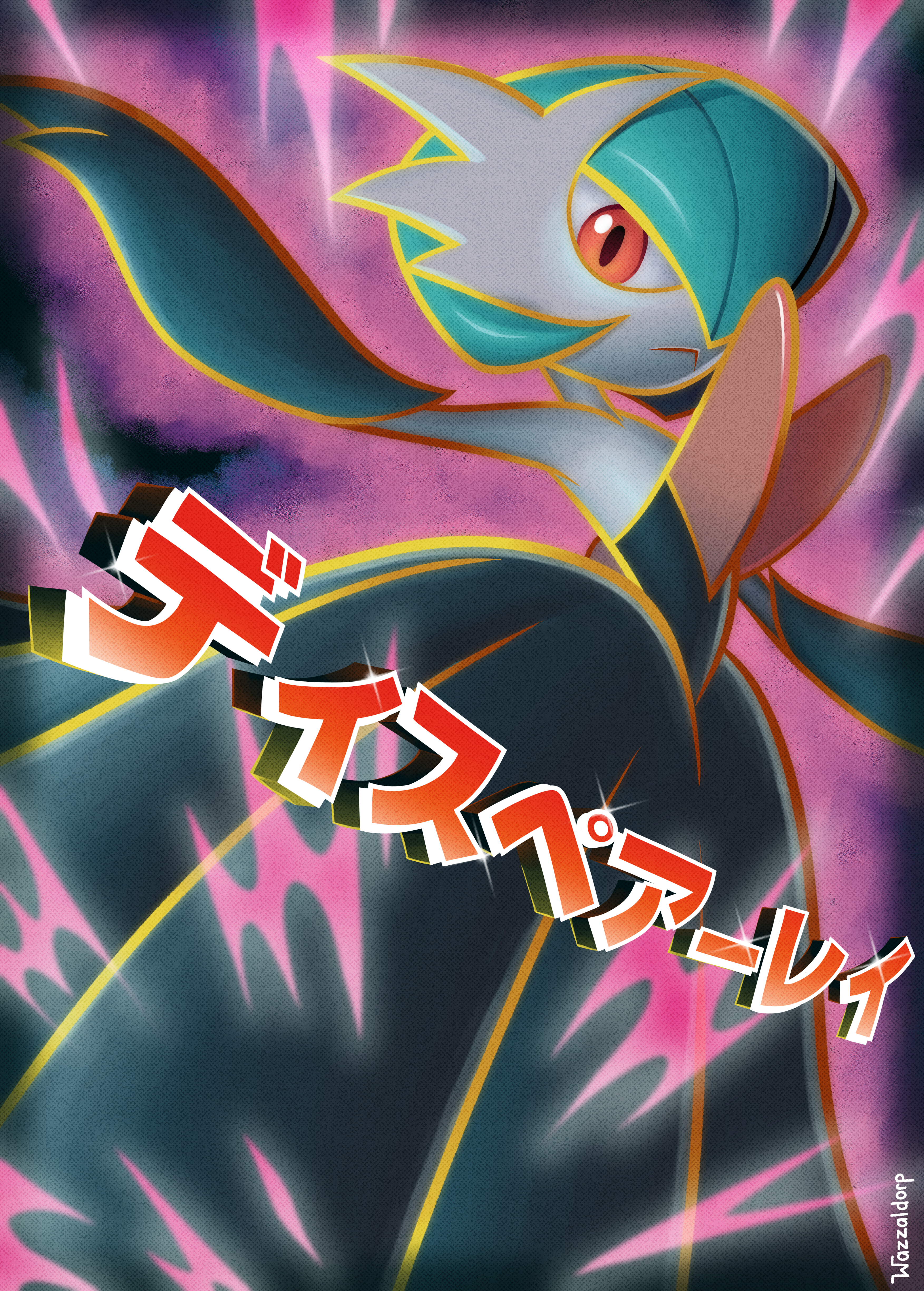gardevoir, mega gardevoir, nintendo, pokemon, pokemon tcg, absurdres, commentary, derivative work, english commentary, highres, translated, alternate color, artist name, black dress, closed mouth, colored lineart, dress, gen 3 pokemon, mega pokemon, official art redraw, outstretched arms, pokemon (creature), pokemon focus, red eyes, shiny pokemon, solo, spread arms, wazzaldorp