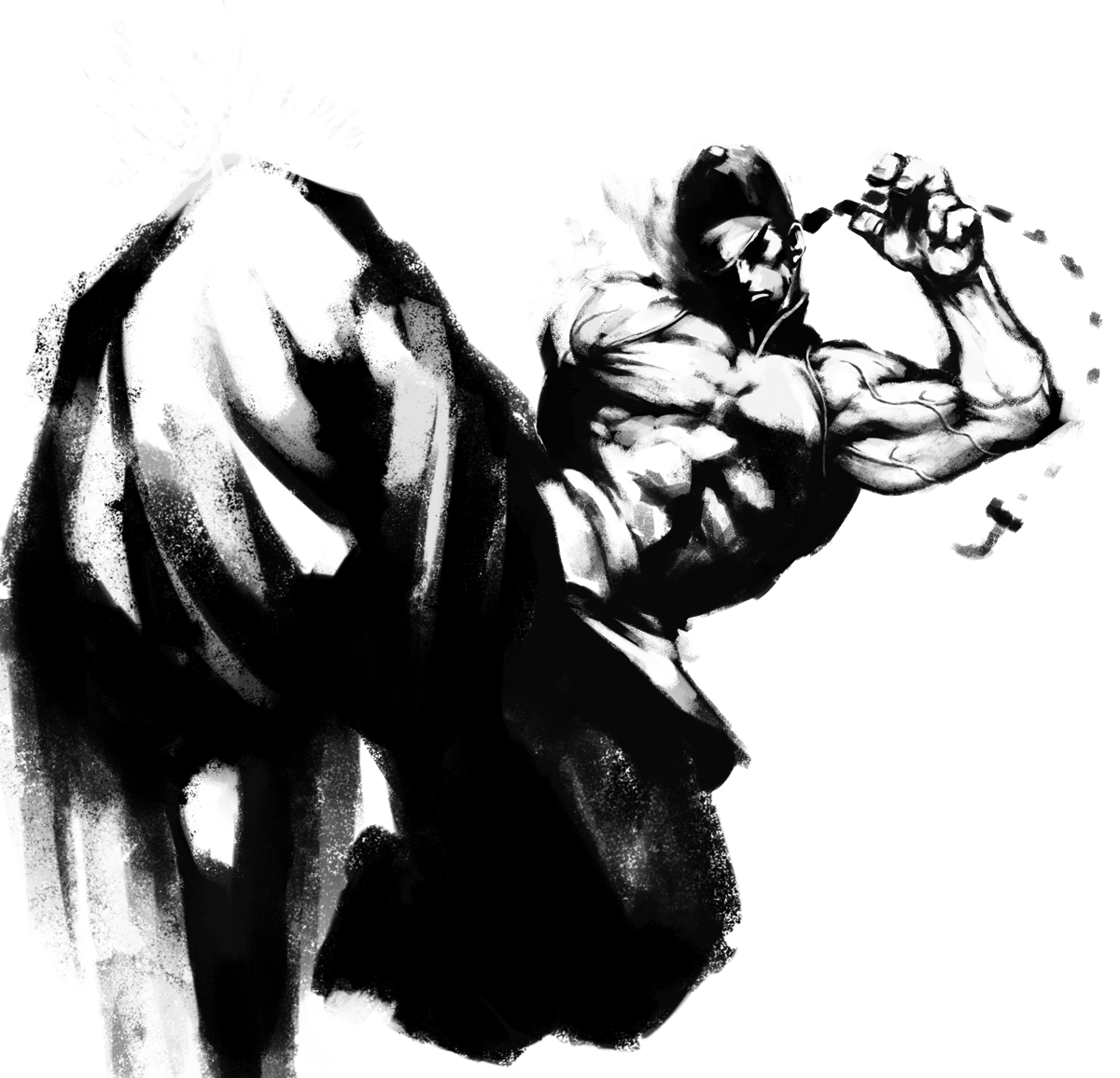 chyko, yun lee, capcom, street fighter, street fighter iii (series), 1boy, baggy pants, greyscale, hat, kicking, male focus, monochrome, muscular, pants, ponytail, solo