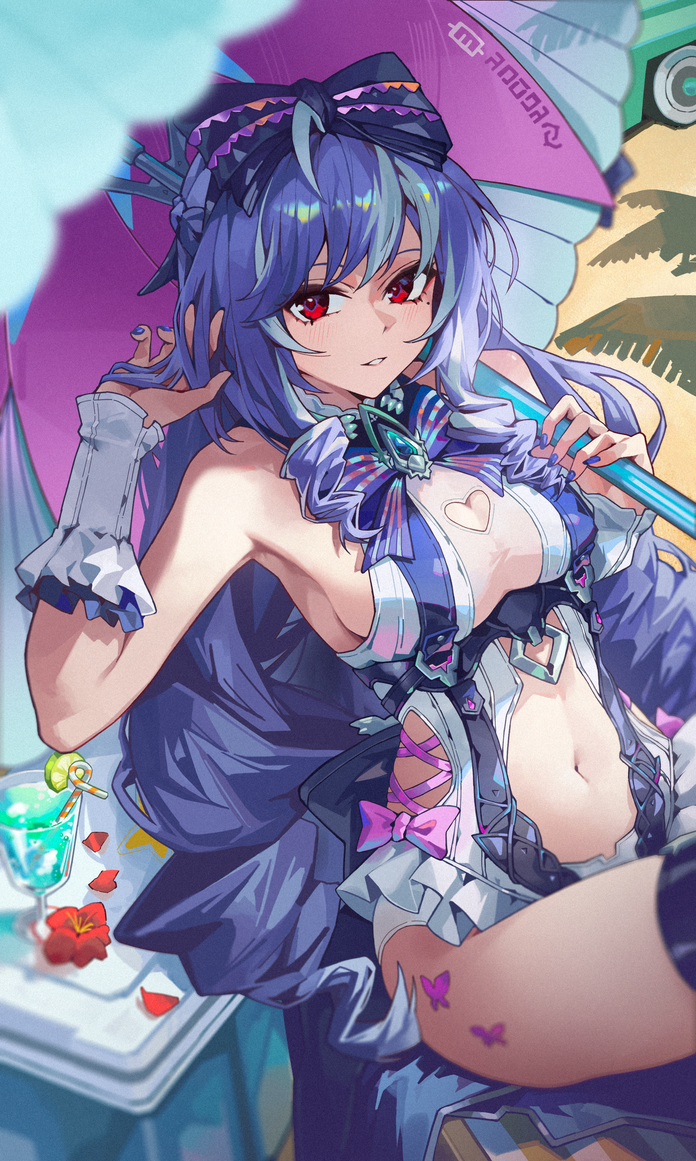 fr-ee-dom, vivian banshee, vivian banshee (iris of the shore), zenless zone zero, absurdres, commentary request, highres, 1girl, bare shoulders, blush, bow, breasts, clothing cutout, drill hair, hair bow, long hair, looking at viewer, mole, mole under eye, multicolored hair, navel, official alternate costume, one-piece swimsuit, pointy ears, purple bow, purple hair, red eyes, solo, stomach cutout, swimsuit, white one-piece swimsuit