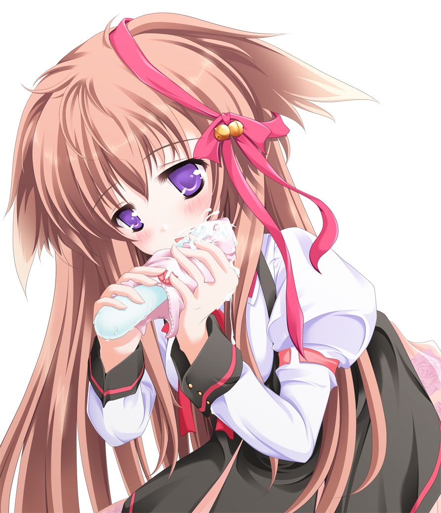 maid koubou, mito mashiro, tayutama, 00s, animal ears, bell, brown hair, long hair, panties, purple eyes, ribbon, school uniform, sexually suggestive, solo, tupet, underwear, very long hair, what