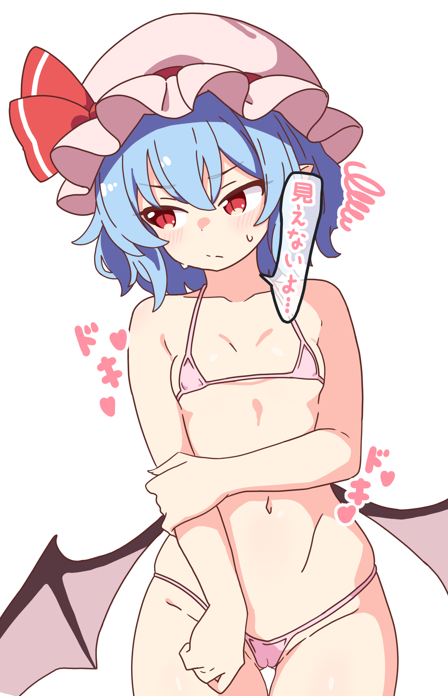 korra down, remilia scarlet, touhou, commentary, commentary request, english commentary, highres, paid reward available, bat wings, bikini, blue hair, bow, embarrassed, flat chest, hair ornament, hat, micro bikini, mob cap, navel, pink bikini, red bow, red eyes, short hair, simple background, sweat, swimsuit, white background, wings