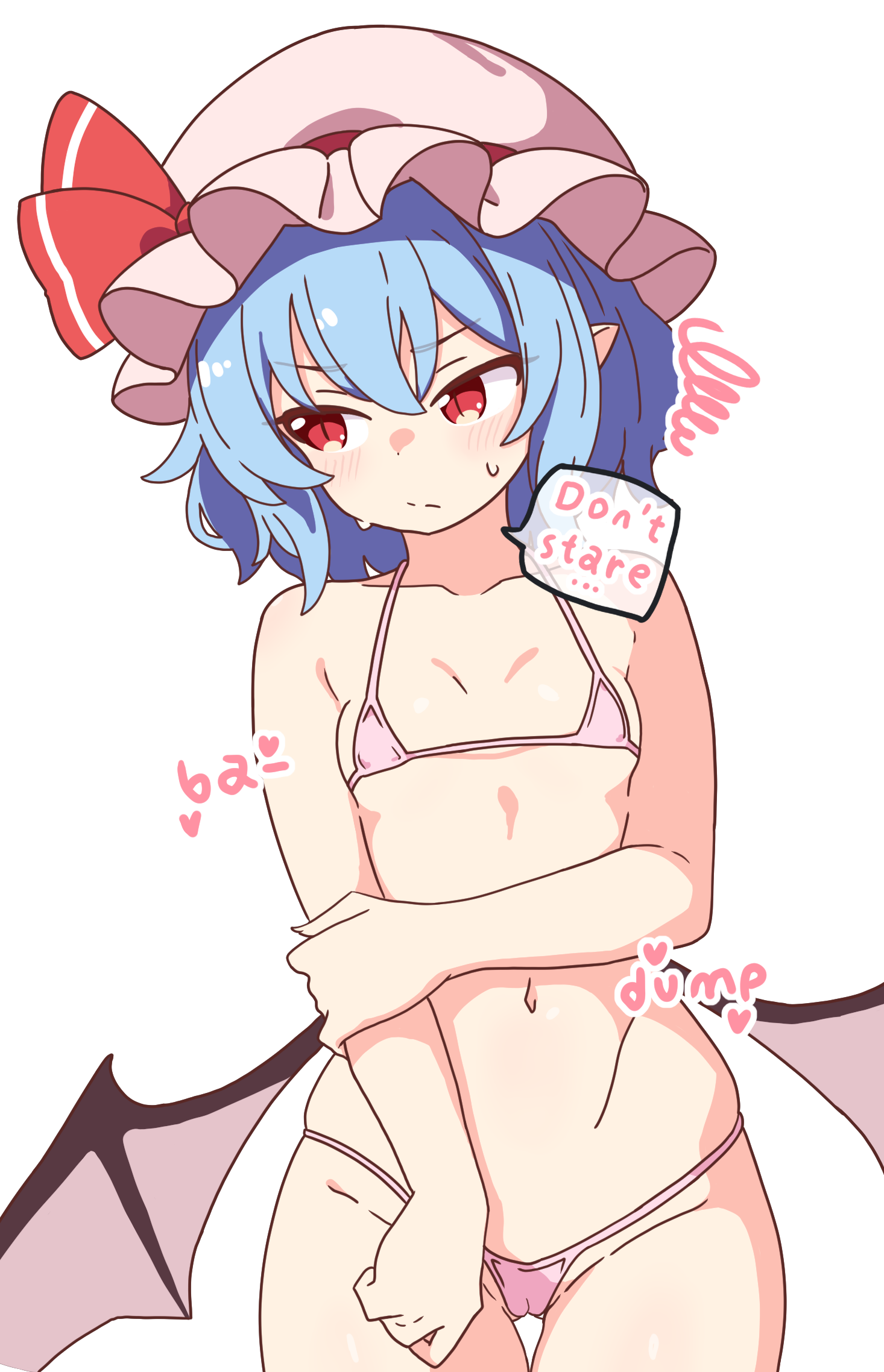 korra down, remilia scarlet, touhou, commentary request, highres, paid reward available, bat wings, bikini, blue hair, bow, embarrassed, flat chest, hair ornament, hat, micro bikini, mob cap, navel, pink bikini, red bow, red eyes, short hair, simple background, sweat, swimsuit, white background, wings