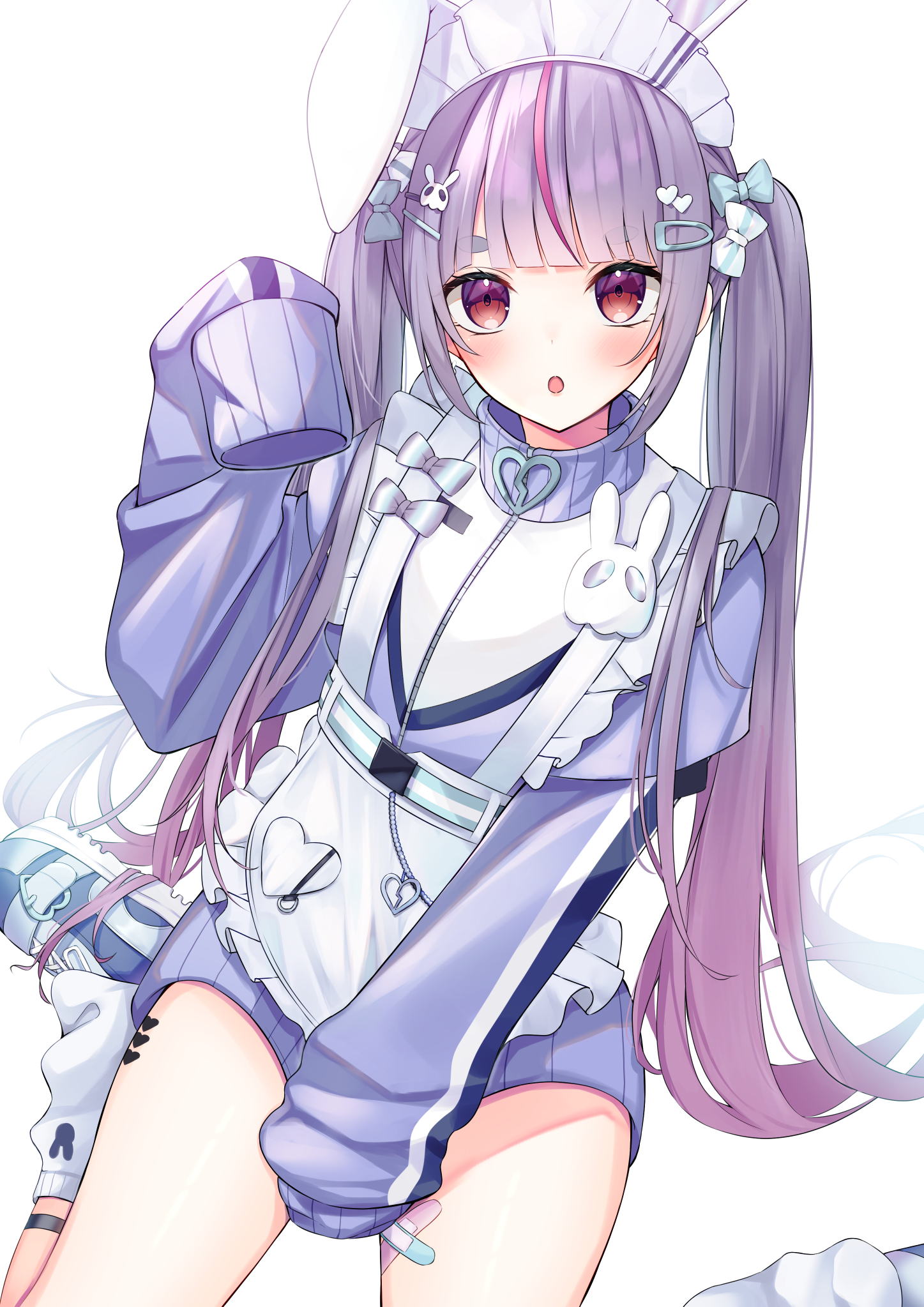 tosaki mimi, tosaki mimi (4th costume), cattleya regina games, vspo!, commentary, highres, symbol-only commentary, 1girl, apron, blue bow, blue shoes, blunt bangs, bow, crossed bandaids, frilled apron, frills, ghost hair ornament, hair bow, hair ornament, hairclip, heart, heart hair ornament, jacket, jersey maid, konorua511, long sleeves, looking at viewer, maid, maid headdress, pink streaks, purple hair, purple jacket, shoes, simple background, sitting, sleeves past fingers, sleeves past wrists, sneakers, solo, track jacket, twintails, unconventional maid, virtual youtuber, waist apron, wariza, white apron, white background, white bow