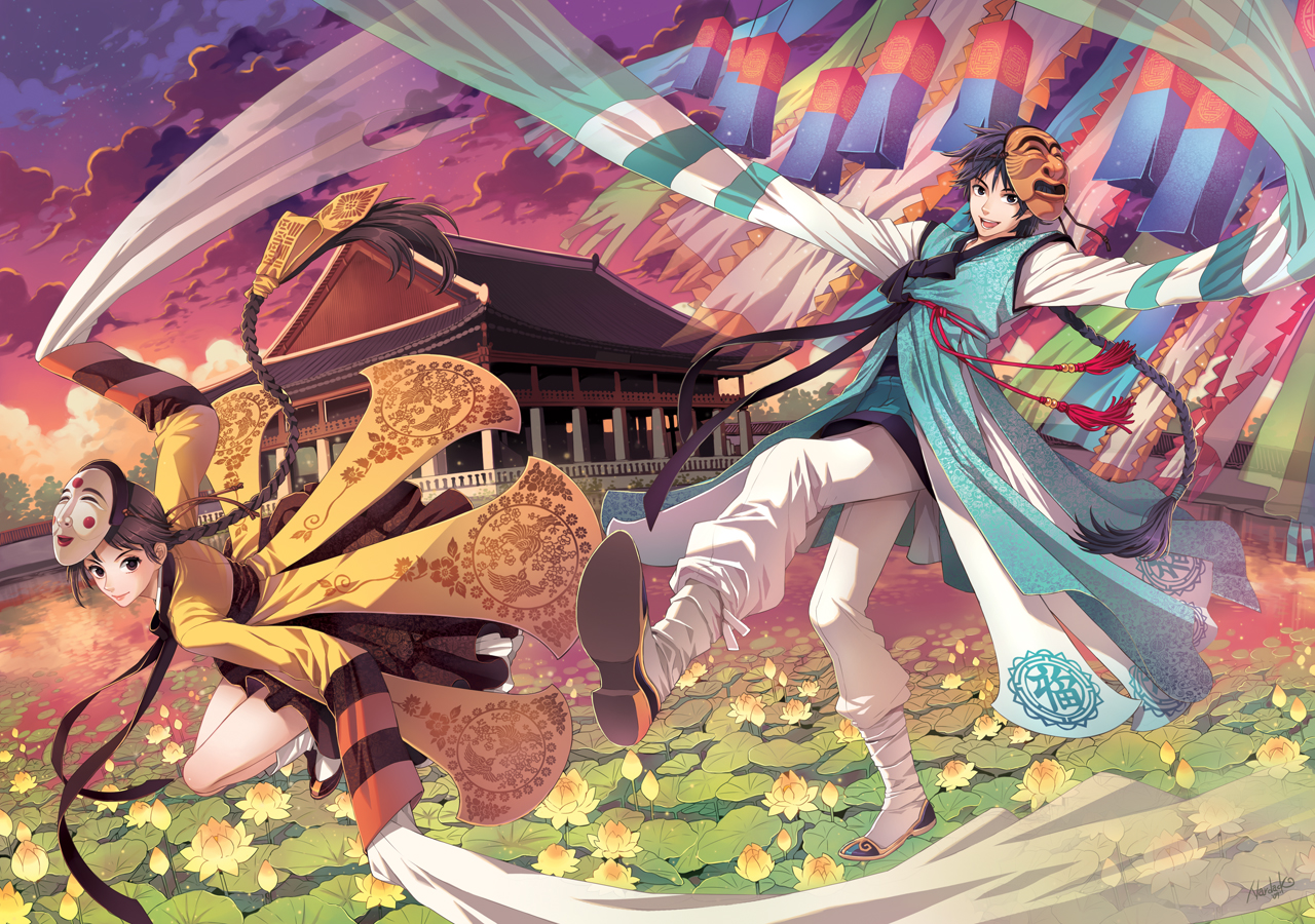 nardack, original, bad id, bad pixiv id, 1boy, 1girl, architecture, beoseon, black hair, braid, brown hair, cloud, danghye, east asian architecture, floating hair, flower, hair floating upwards, korea, korean clothes, long hair, long sleeves, mask, pond, single braid, sky, sleeves over hands, sleeves past wrists, star (symbol), temple, twilight