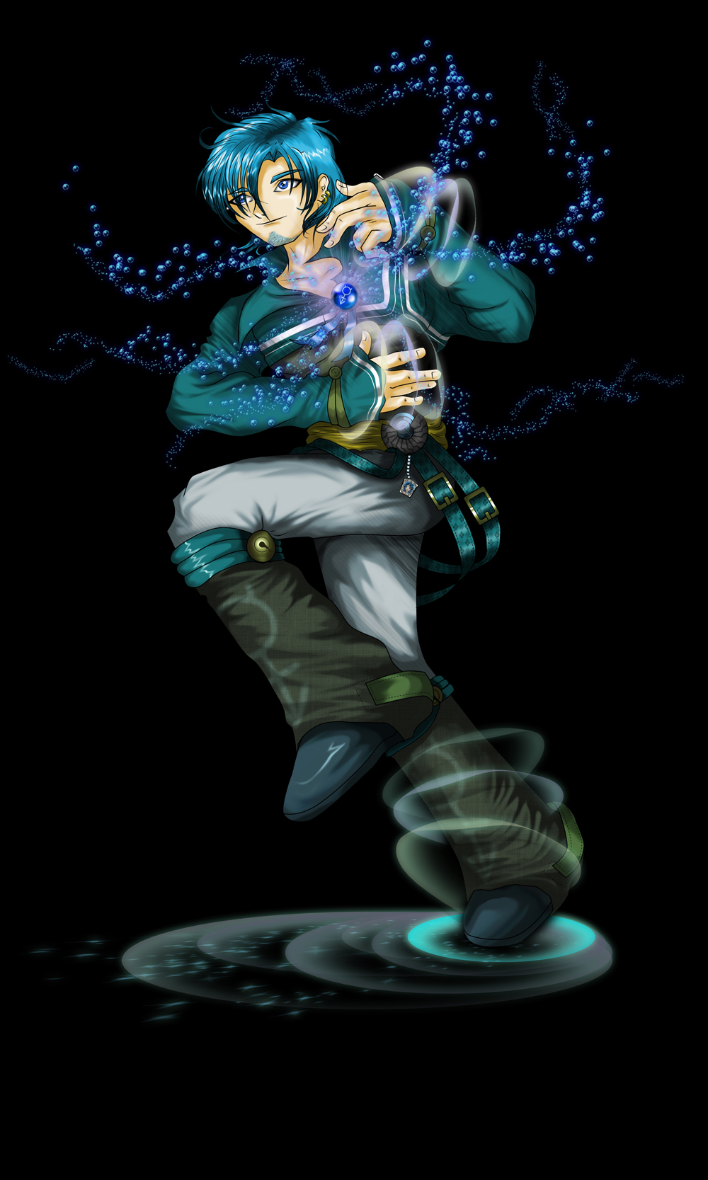 mizuno ami, sailor mercury, bishoujo senshi sailor moon, highres, 1990s (style), 1boy, blue eyes, blue hair, bubble, facial hair, genderswap, genderswap (ftm), goatee, male focus, retro artstyle, short hair, water