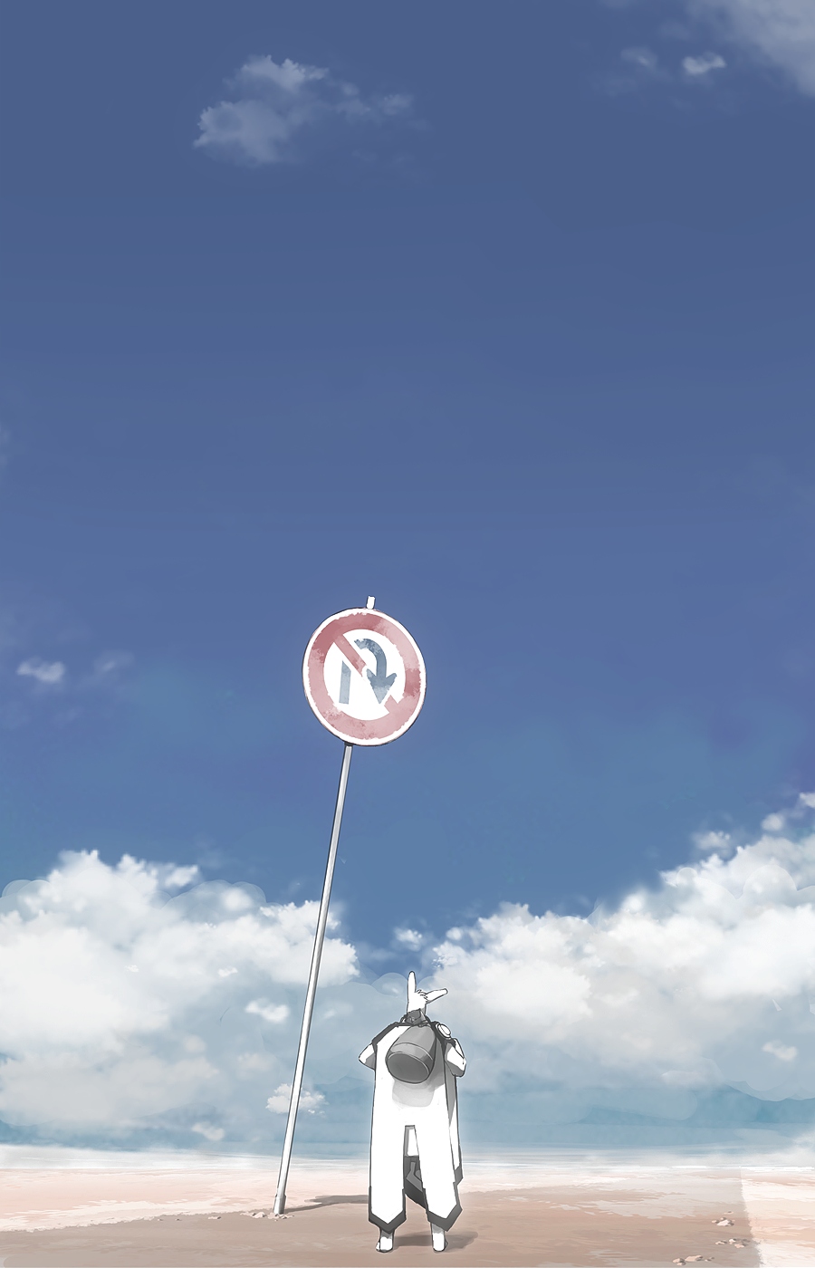 tsukuba masahiro, obuto, robo to usakichi, bad id, bad pixiv id, highres, 1girl, animal ears, cloud, day, female focus, rabbit ears, road, road sign, scenery, sign, sky, solo
