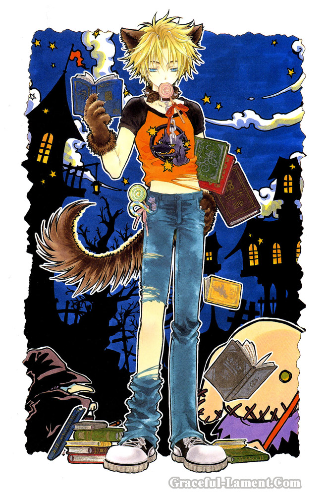 azumi tooru, tohru adumi, 1boy, animal ears, asymmetrical clothes, blonde hair, blue eyes, book, candy, candy cane, collar, denim, dog ears, halloween, jeans, lollipop, male focus, pants, raglan sleeves, scar, single pantsleg, solo, spiked collar, spikes, stitches, swirl lollipop, tail, torn clothes, wolf ears, wolf tail