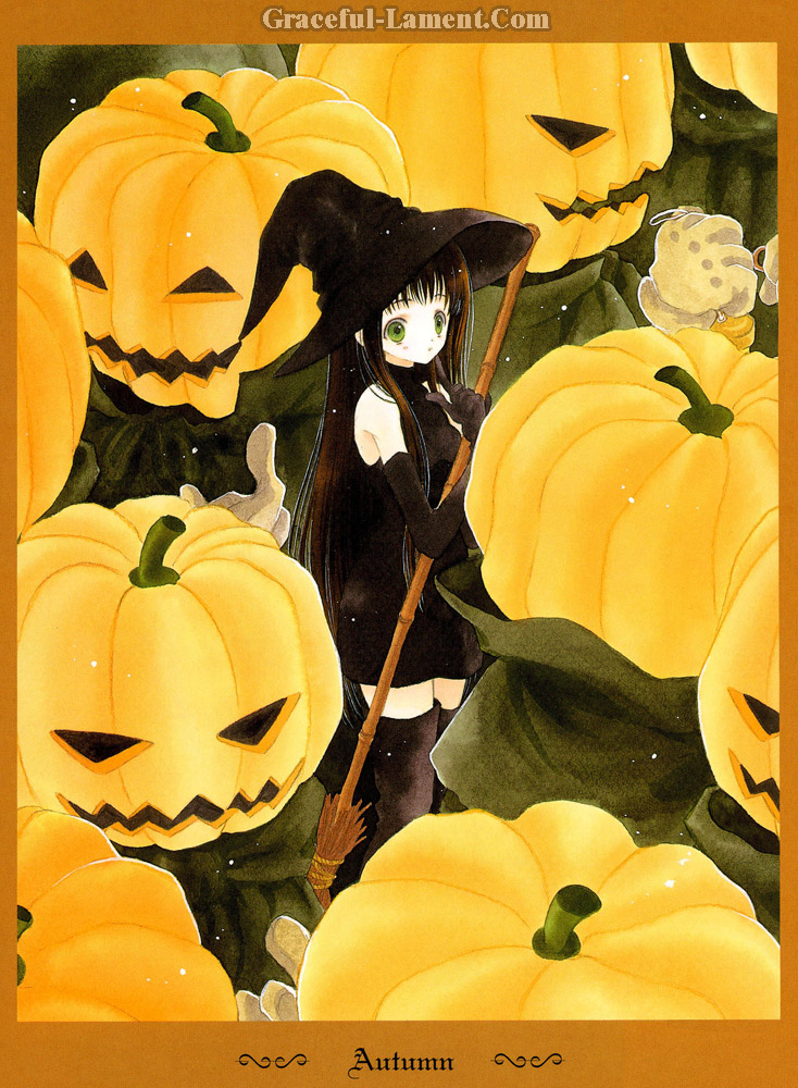 azumi tooru, tohru adumi, 1girl, black hair, broom, female focus, green eyes, halloween, hat, jack-o'-lantern, long hair, pumpkin, solo, witch, witch hat
