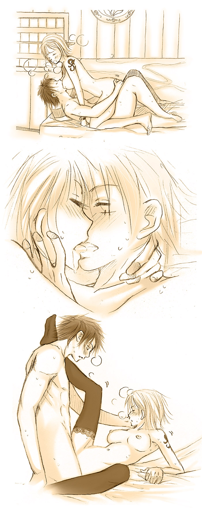 rocktuete, monkey d. luffy, nami (one piece), one piece, ass grab, highres, long image, tall image, 1boy, 1girl, ass, bed, black hair, blush, breast sucking, breasts, closed eyes, comic, couple, cowgirl position, french kiss, girl on top, hetero, kiss, large breasts, leg lift, monochrome, nipples, nude, orange hair, saliva, scar, sequential, sex, short hair, straddling, sweat, tattoo, thighhighs, vaginal