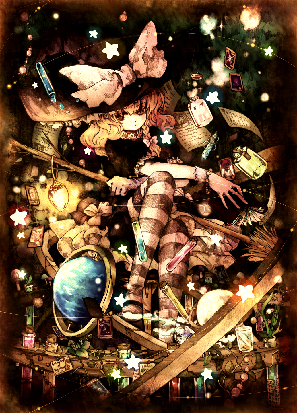 hanada hyou, kirisame marisa, touhou, highres, 1girl, blonde hair, book, bottle, bracelet, braid, broom, card, female focus, floating, floating card, flower, flying paper, gloves, glowing, hat, jewelry, paper, plant, short hair, side braid, solo, spell card, star (symbol), striped clothes, striped thighhighs, thighhighs, vial, witch, witch hat, yellow eyes