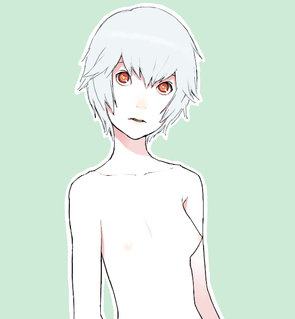 hijiri rei, ayanami rei, neon genesis evangelion, silver hair, 1girl, blue background, breasts, completely nude, female focus, flat chest, nipples, nude, outline, pale skin, parted lips, red eyes, short hair, simple background, small breasts, solo