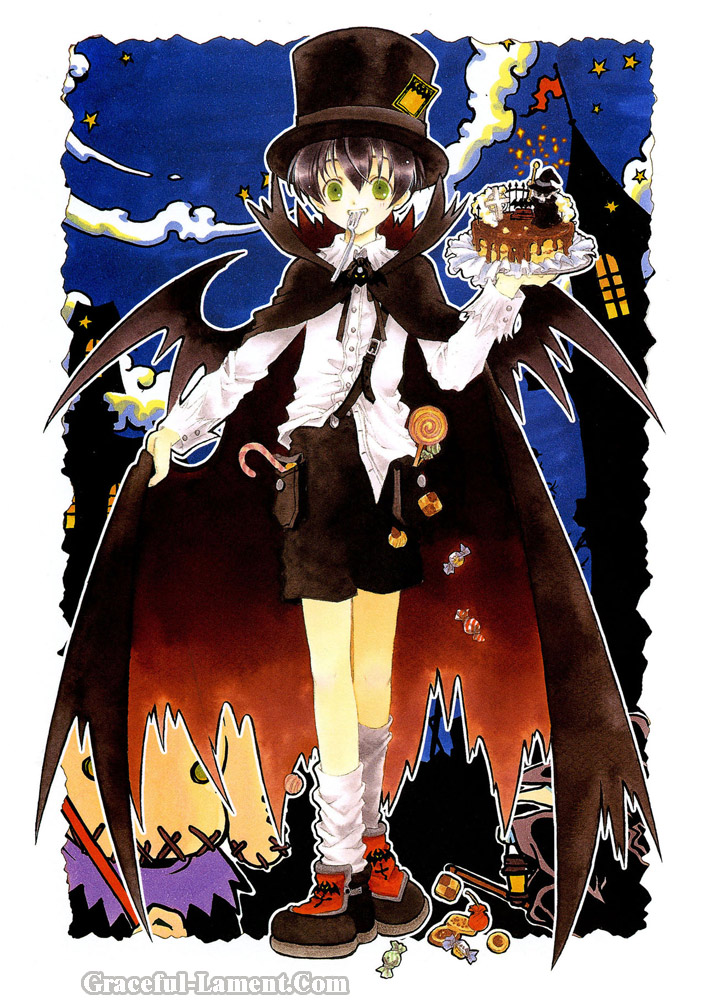 azumi tooru, tohru adumi, bat wings, candy, cape, food, green eyes, shorts, socks, solo, wings