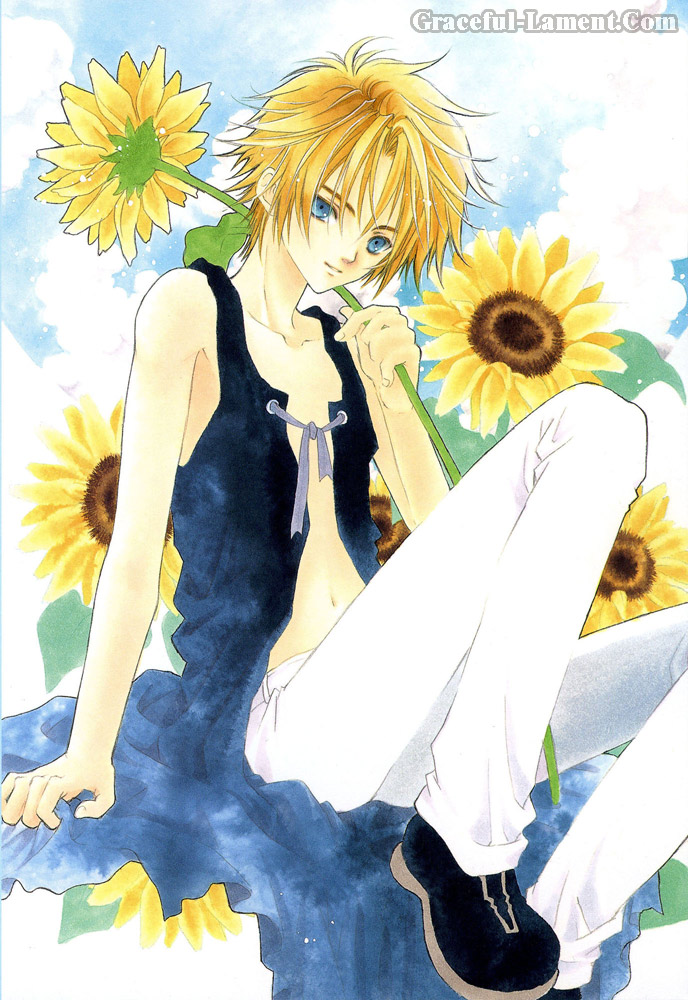 azumi tooru, tohru adumi, 1boy, blonde hair, blue eyes, denim, flower, jeans, male focus, pants, solo, sunflower, watermark, web address
