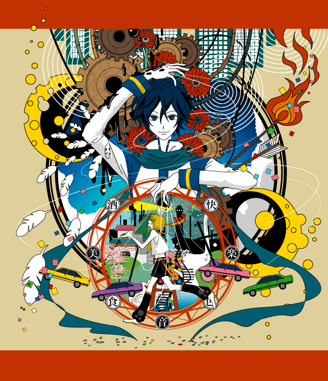 haruichi (haru123), kagamine rin, kaito (vocaloid), byakkoya no musume, paprika, vocaloid, bad id, bad pixiv id, 00s, 1boy, 1girl, arrow (projectile), arrow in body, blonde hair, blue eyes, blue hair, car, confetti, feathers, fire, flat color, flower, gears, hair ribbon, letterboxed, lighthouse, marionette, motor vehicle, psychedelic, puppet, ribbon, shorts, smile, string