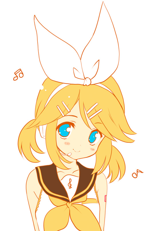 sakura koharu, kagamine rin, vocaloid, bad id, bad pixiv id, 1girl, alternate hairstyle, blonde hair, blue eyes, female focus, flat color, hair ornament, hair ribbon, hairclip, headphones, musical note, ribbon, sailor collar, short hair, simple background, smile, solo, twintails