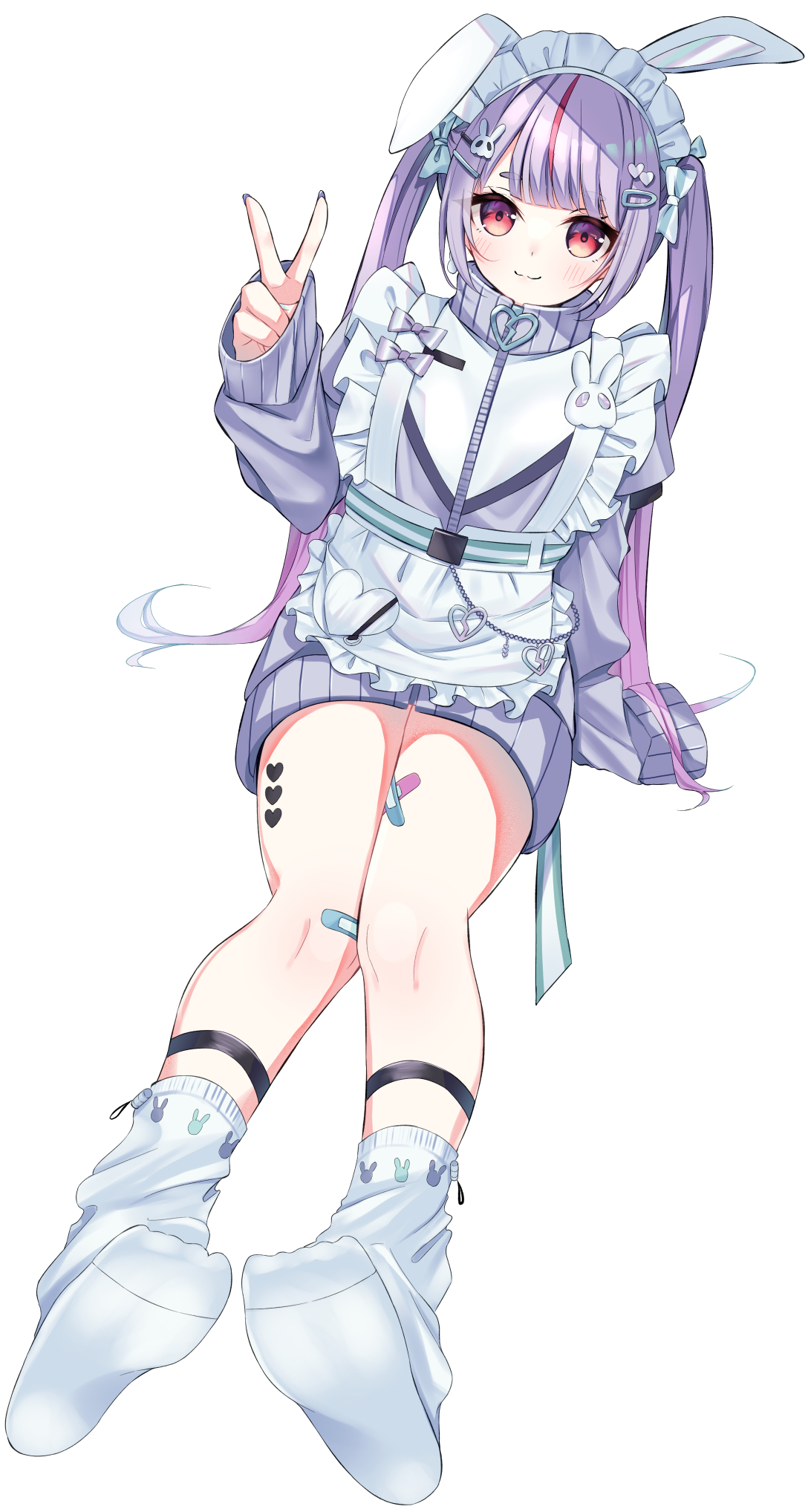 tosaki mimi, tosaki mimi (4th costume), cattleya regina games, vspo!, commentary, highres, symbol-only commentary, 1girl, apron, bandaid, bandaid on leg, blue hair, blunt bangs, crossed bandaids, frilled apron, frills, gradient hair, jacket, jersey maid, konorua511, long hair, long sleeves, looking at viewer, loose socks, maid, maid headdress, multicolored hair, official alternate costume, pink hair, pink streaks, purple hair, purple jacket, sleeves past fingers, sleeves past wrists, socks, solo, twintails, unconventional maid, v, very long hair, virtual youtuber, waist apron, white apron, white socks