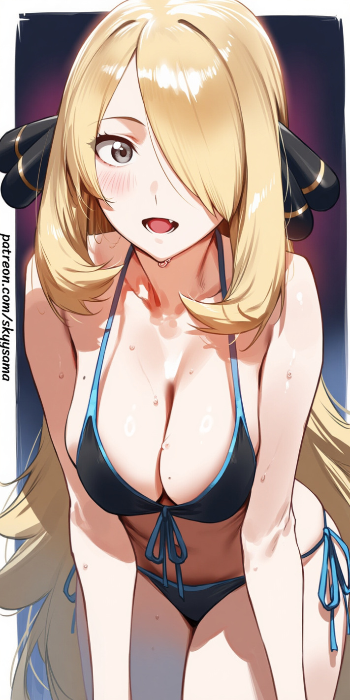 cynthia (pokemon), nintendo, pokemon, commentary, highres, bikini, blush, breasts, curvy, large breasts, long hair, looking at viewer, open mouth, pokemon (creature), sweat, swimsuit