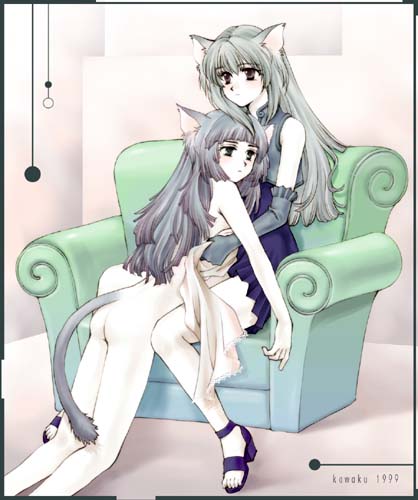 original, silver hair, lowres, 2girls, animal ears, ass, cat ears, cat tail, chair, clothed female nude female, couch, elbow gloves, gloves, high heel sandals, high heels, hug, multiple girls, nude, sandals, shoes, sitting, tail, yuri