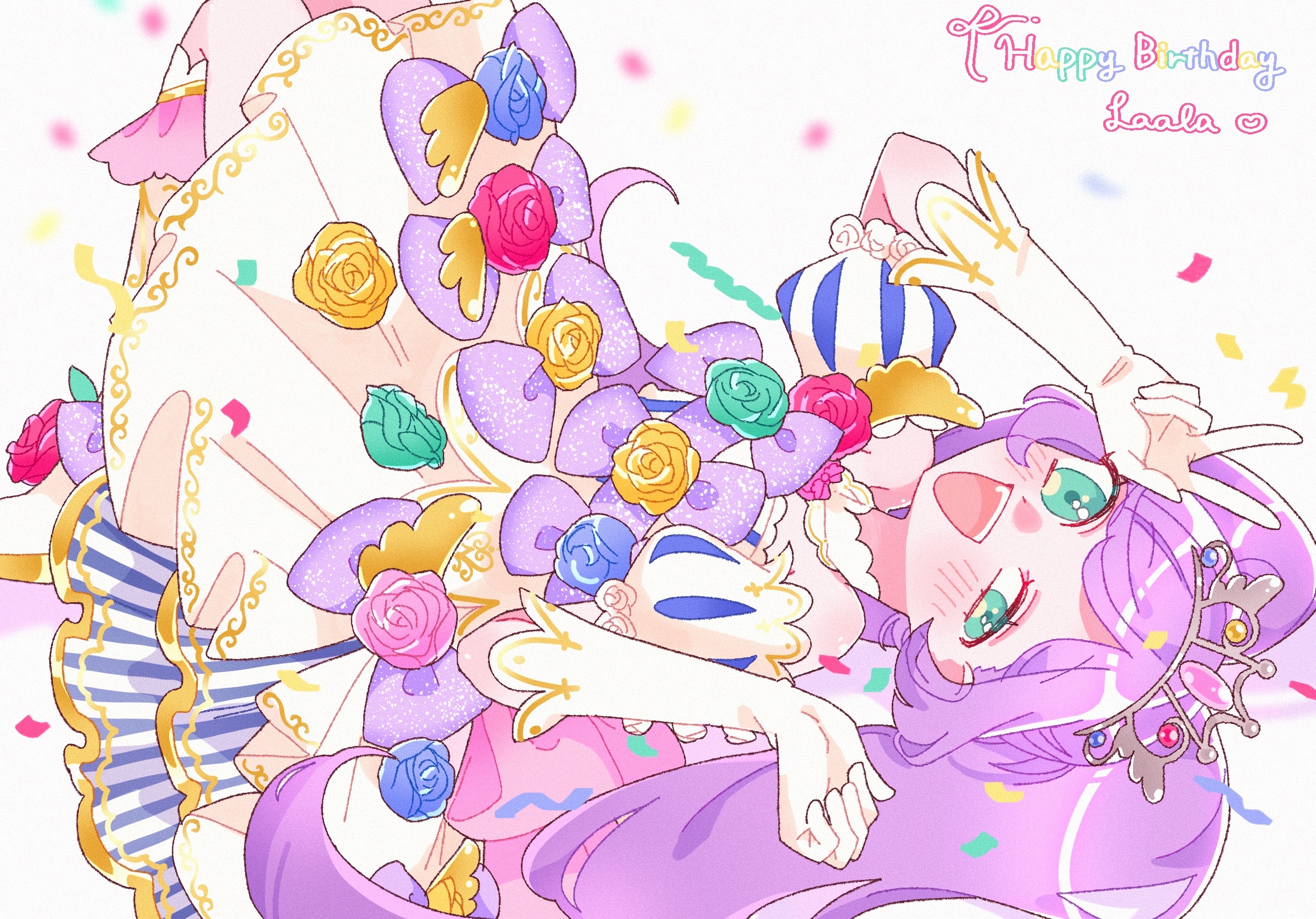 shiono soma, manaka laala, pretty series, pripara, commentary, highres, 1girl, :d, blue flower, blue rose, character name, confetti, dress, flower, gloves, half-closed eye, hands up, happy birthday, knees up, long hair, looking at viewer, lying, on back, open mouth, pink flower, pink rose, puffy short sleeves, puffy sleeves, purple hair, rose, short sleeves, smile, solo, tiara, twintails, uneven eyes, v, very long hair, white background, white dress, white gloves, yellow flower, yellow rose