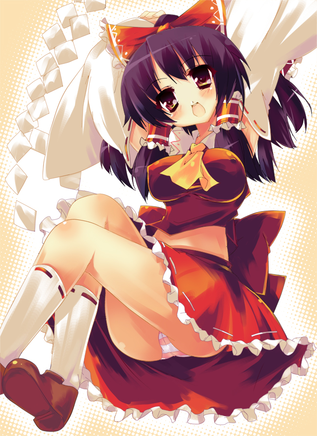 akikaze tsumuji, hakurei reimu, touhou, 1girl, bad anatomy, black hair, bow, breasts, covered erect nipples, detached sleeves, female focus, gohei, large breasts, panties, short hair, solo, striped clothes, striped panties, underwear