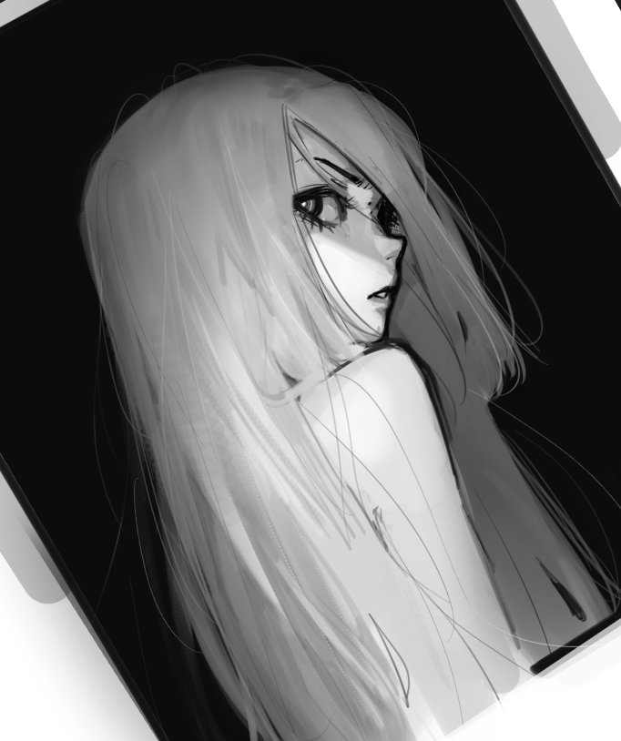 rizuy0, original, 1girl, bare shoulders, black background, dutch angle, from behind, furrowed brow, greyscale, long hair, looking back, monochrome, parted lips, solo, white hair