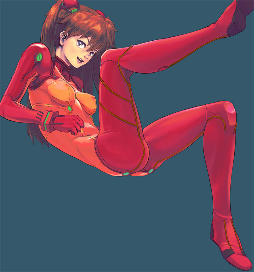 belir, souryuu asuka langley, evangelion: 2.0 you can (not) advance, neon genesis evangelion, rebuild of evangelion, non-web source, 00s, 1girl, ass, blue eyes, bodysuit, breasts, covered erect nipples, female focus, leg lift, long hair, mecha pilot suit, orange hair, plugsuit (evangelion), red hair, simple background, solo, test plugsuit (evangelion)