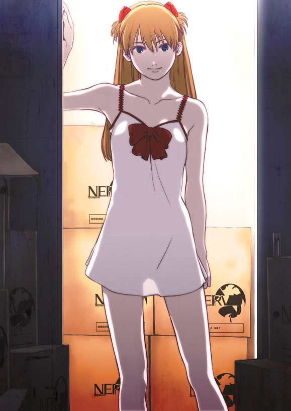 tanaka hirotaka, souryuu asuka langley, evangelion: 2.0 you can (not) advance, neon genesis evangelion, rebuild of evangelion, 00s, 1girl, against wall, arm at side, backlighting, bare shoulders, blue eyes, bow, box, breasts, cardboard box, character name, chemise, closed mouth, collarbone, dark, doorway, dress, emblem, female focus, hair between eyes, hair ornament, hand up, headgear, indoors, lace, lamp, legs apart, light smile, long hair, looking at viewer, nerv, orange hair, parted bangs, red bow, red hair, see-through silhouette, short dress, silhouette, small breasts, smile, solo, standing, two side up, walk-in, white dress