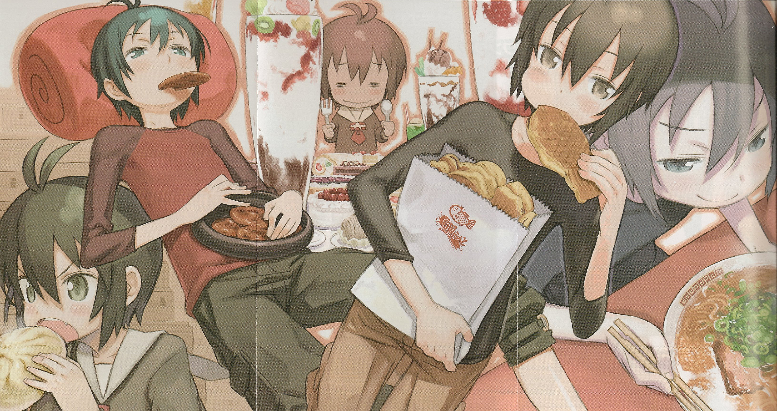 kuroboshi kouhaku, kino (kino no tabi), gakuen kino, kino no tabi, absurdres, highres, official art, scan, 00s, 1girl, ahoge, androgynous, black shirt, blouse, bread, cake, eating, food, fruit, hair between eyes, ice cream, plate, pocket, red shirt, reverse trap, shirt, strawberry, tomboy, v-shaped eyebrows, wavy mouth
