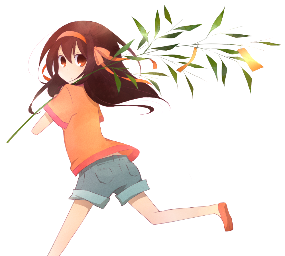 kinokosuke, suzumiya haruhi, suzumiya haruhi (young), suzumiya haruhi no yuuutsu, bad id, bad pixiv id, 00s, 1girl, aged down, bamboo, brown eyes, brown hair, casual, denim, denim shorts, female focus, hairband, leaf, long hair, orange shirt, running, shirt, shorts, simple background, solo, tanabata, tanzaku