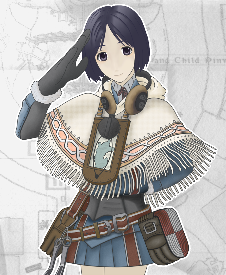 isara gunther, senjou no valkyria, senjou no valkyria (series), senjou no valkyria 1, 00s, 1girl, bag, belt, belt pouch, blue eyes, blue hair, female focus, fringe trim, headphones, matching hair/eyes, military, military uniform, poncho, pouch, salute, short hair, smile, solo, wrench